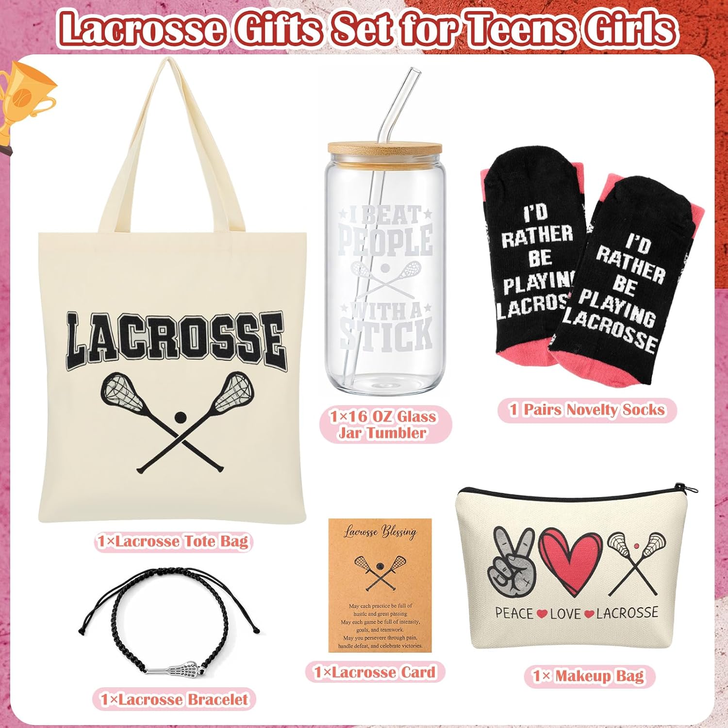 Chunful 6 Pcs Lacrosse Gifts Set for Teen Girls & Women Team Essentials Accessories Include 16 oz Glass Jar Tumbler, Canvas Tote, Makeup Bag, Novelty Socks & Bracelets for Lacrosse Lover Coach