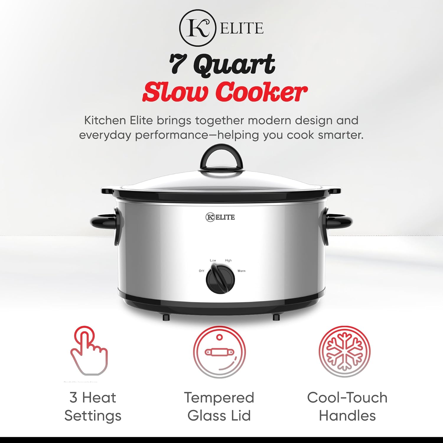 Kitchen Elite 7 Quart Slow Cooker for Large Families, Stainless Steel Crock Pot with 3 Heat Settings, Dishwasher-Safe Ceramic Pot & Tempered Glass Lid