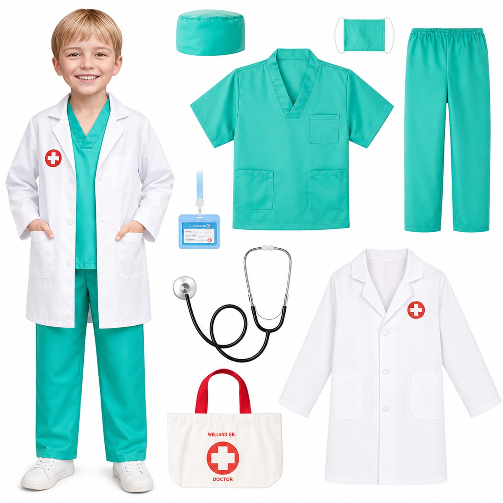 Yeria Kids Doctor Costume Set 8 Pcs – Surgeon Role Play Outfit with Lab Coat, Scrubs, Stethoscope & Medical Accessories, Scientist Dress Up for Children Age 4-5 – Halloween, Career Day (170)