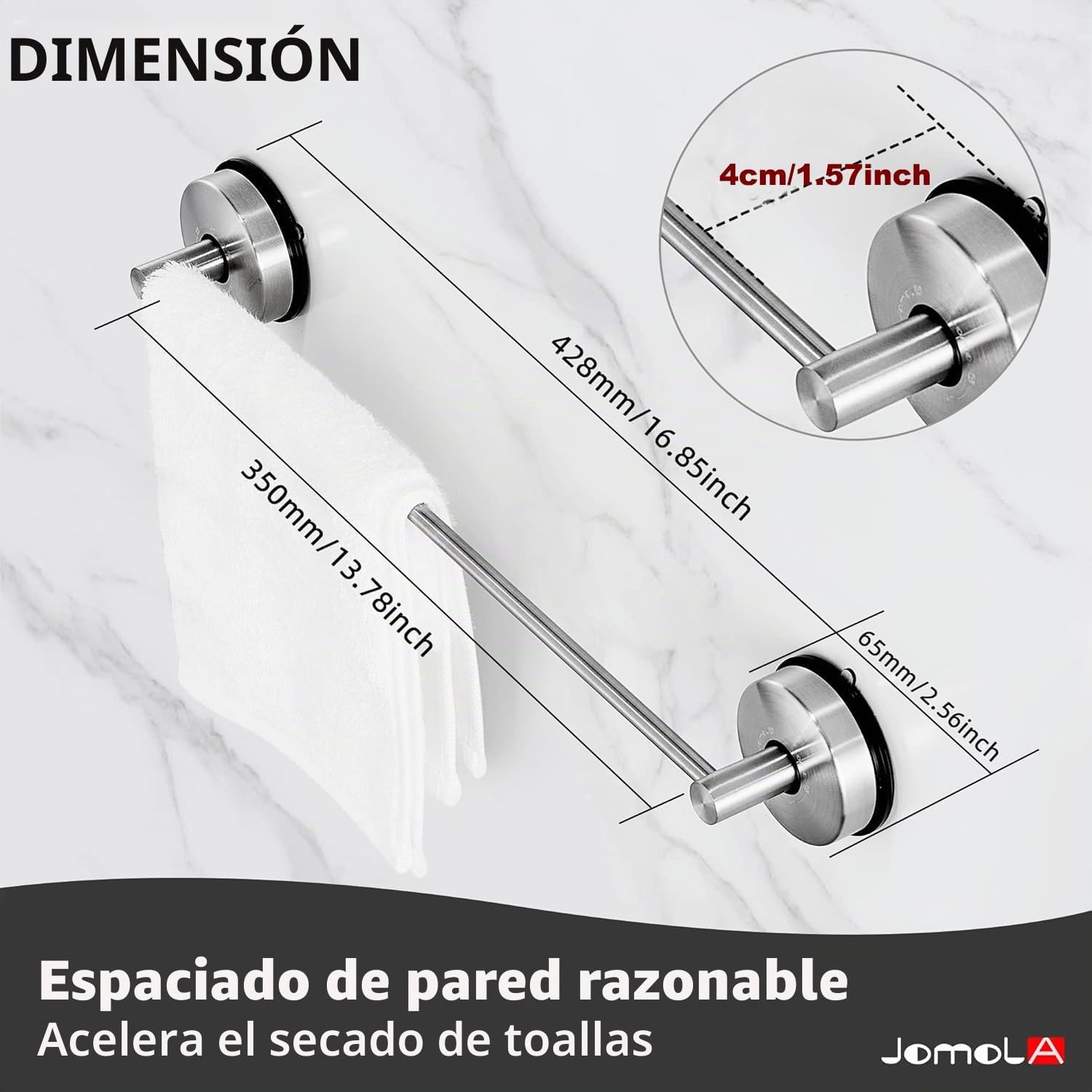 JOMOLA Toalleros de Baño con Ventosa Sin Taladro Toallero de Barra Acero Inoxidable Toallero de Pared para Cocina y Baño Barra De Toallero Acabado Cepillado, Plata, 42.8CM