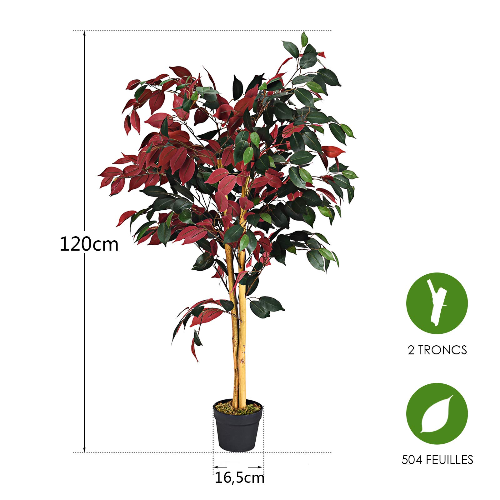 COSTWAY Plante Artificielle Arbre Ficus Artificiel Hauteur 120 CM Décoration Intérieur et Extérieur avec Pot Cimenté pour Salon, Balcon, Chambre, Bureau, Séjour
