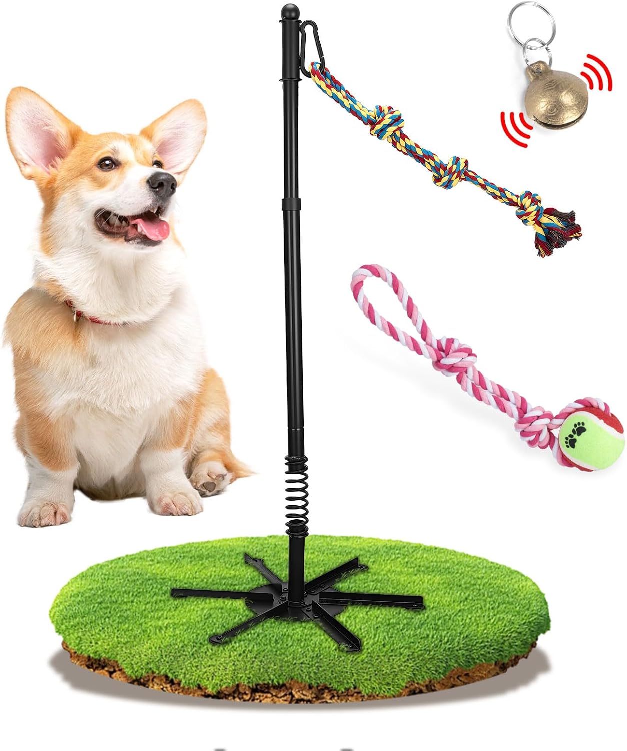 Tether Tug Outdoor Dog Toy, Outdoor Interactive Dog Tug for for Large Medium Small Dogs, Interactive Tether Rope Tug of War Game with 2 Ropes and Bell for Exercise and Play in Yard or Park