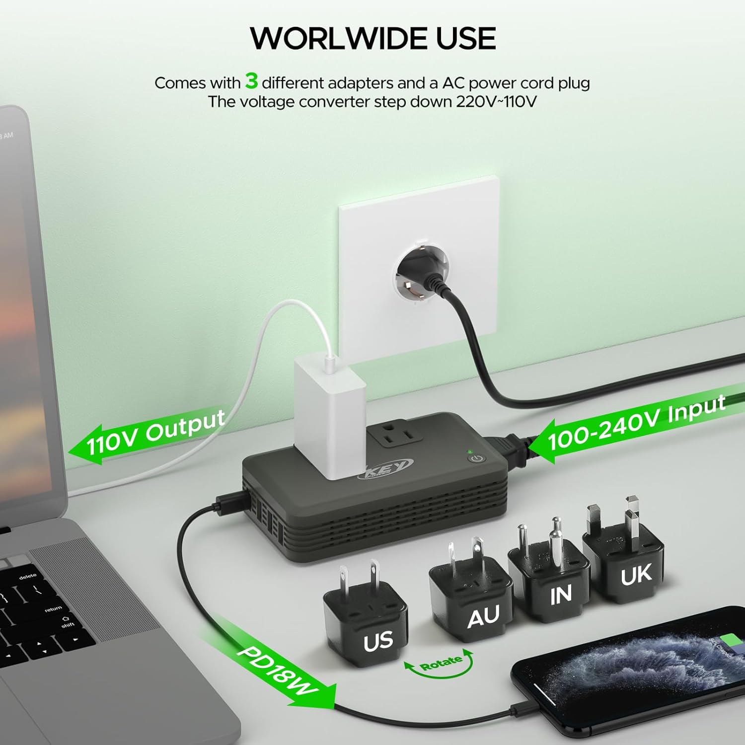 Key Power 220V to 110V Voltage Converter, 230W Step Down International Power Converter Adapter Combo with UK/AU/US/EU Travel Adapter.