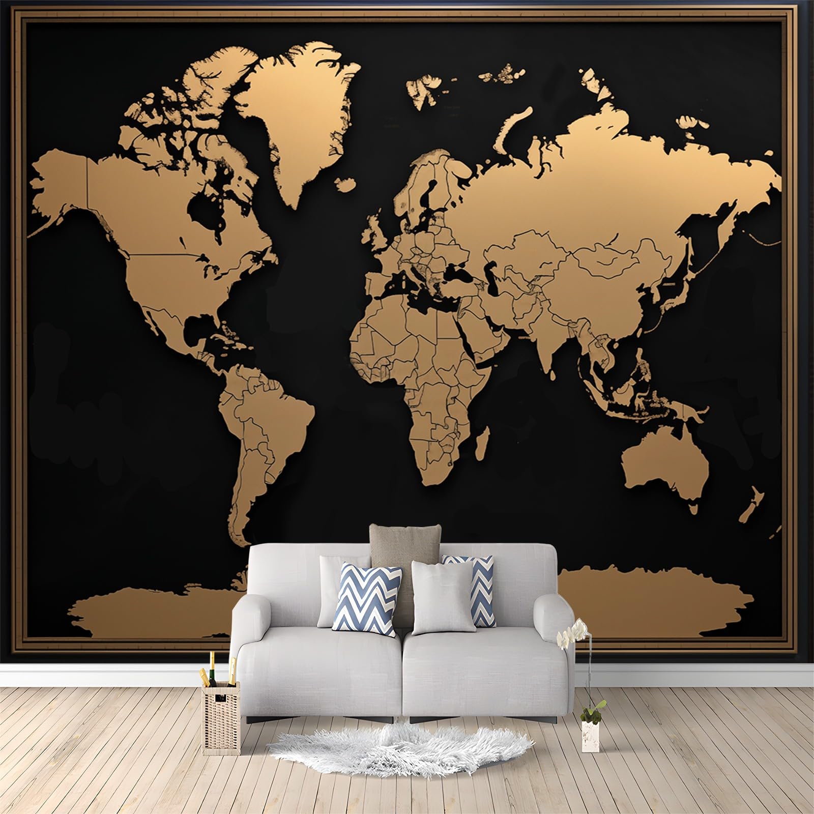 Papier Peint Intissé Photo Mural Carte du monde - Décoration Murale Toison pour Salon, Chambre à Coucher, Salle - Tableaux Tapisserie Photo - 300 x 210 cm Bordure noire