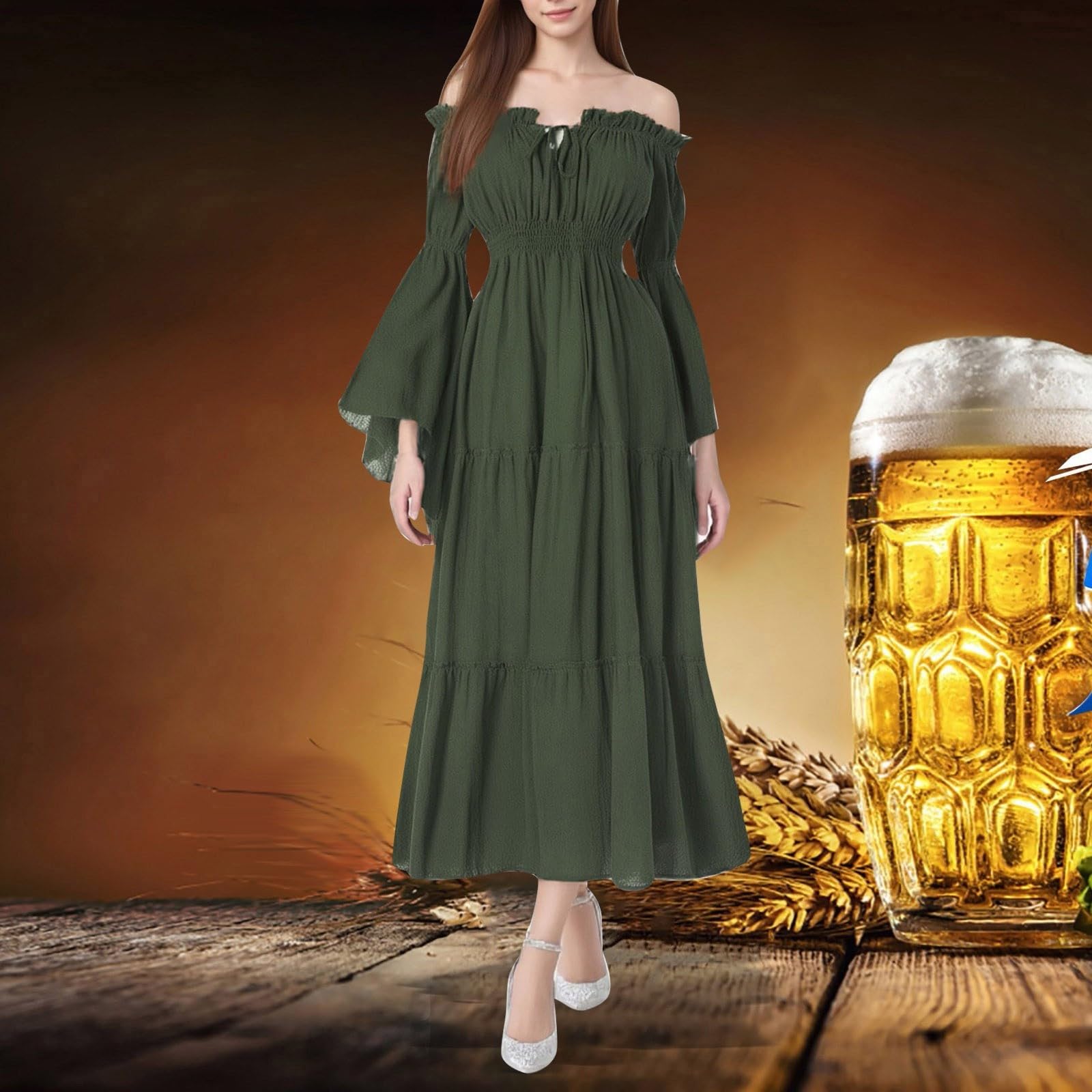 Trachten Damen Oktoberfest Damen mit Dirndl Oberteil Elegant Bayerische Bierfest Kostüm Karneval Mittelalterliches Gothic Hofkleid Eine Schulter Eleganter Trompetenärmel Taillenrock Für Cosplay Party