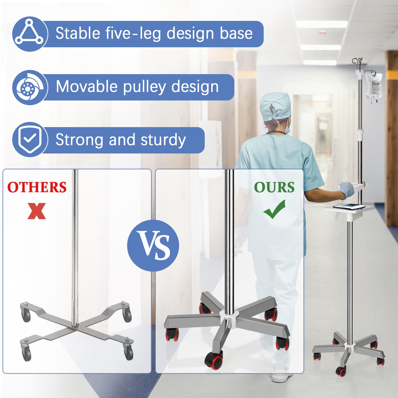 IV Stange mit Rollen, verstellbar 144,8 cm - 200,7 cm Höhe | Medizinischer IV-Ständer aus Edelstahl mit Tablett und 4 Haken für IV Krankenhaus Home Infusion Praxis und Therapie