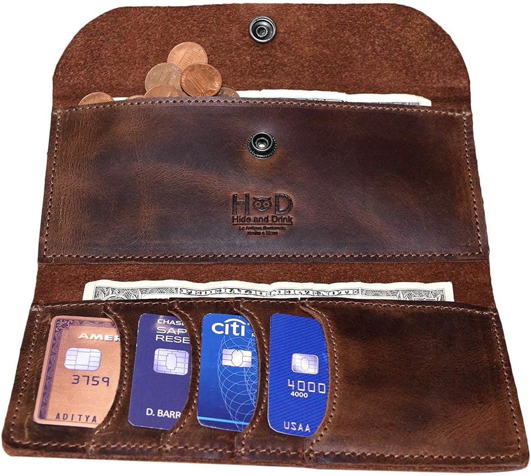 Hide & Drink, Leather Folio Wallet, Holds Up to 4 Cards Plus Flat Bills & Coins/Bifold/Minimalist/Travel/Case/Pouch/Stylish/Vintage, Handmade :: Bourbon Brown