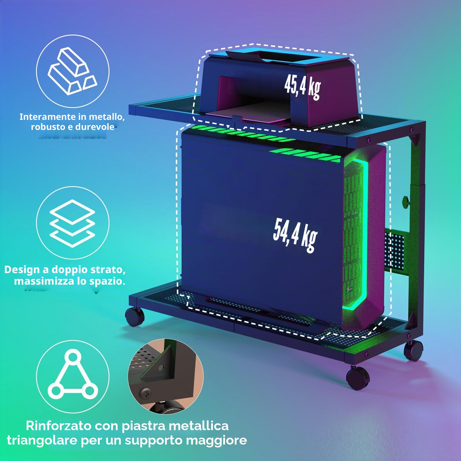 Moricher Supporto a torre per computer, regolabile in altezza, a 2 livelli, ATX, supporto per stampante da pavimento, con ruote girevoli e tappetino per mouse, accessori da gioco per casa e ufficio