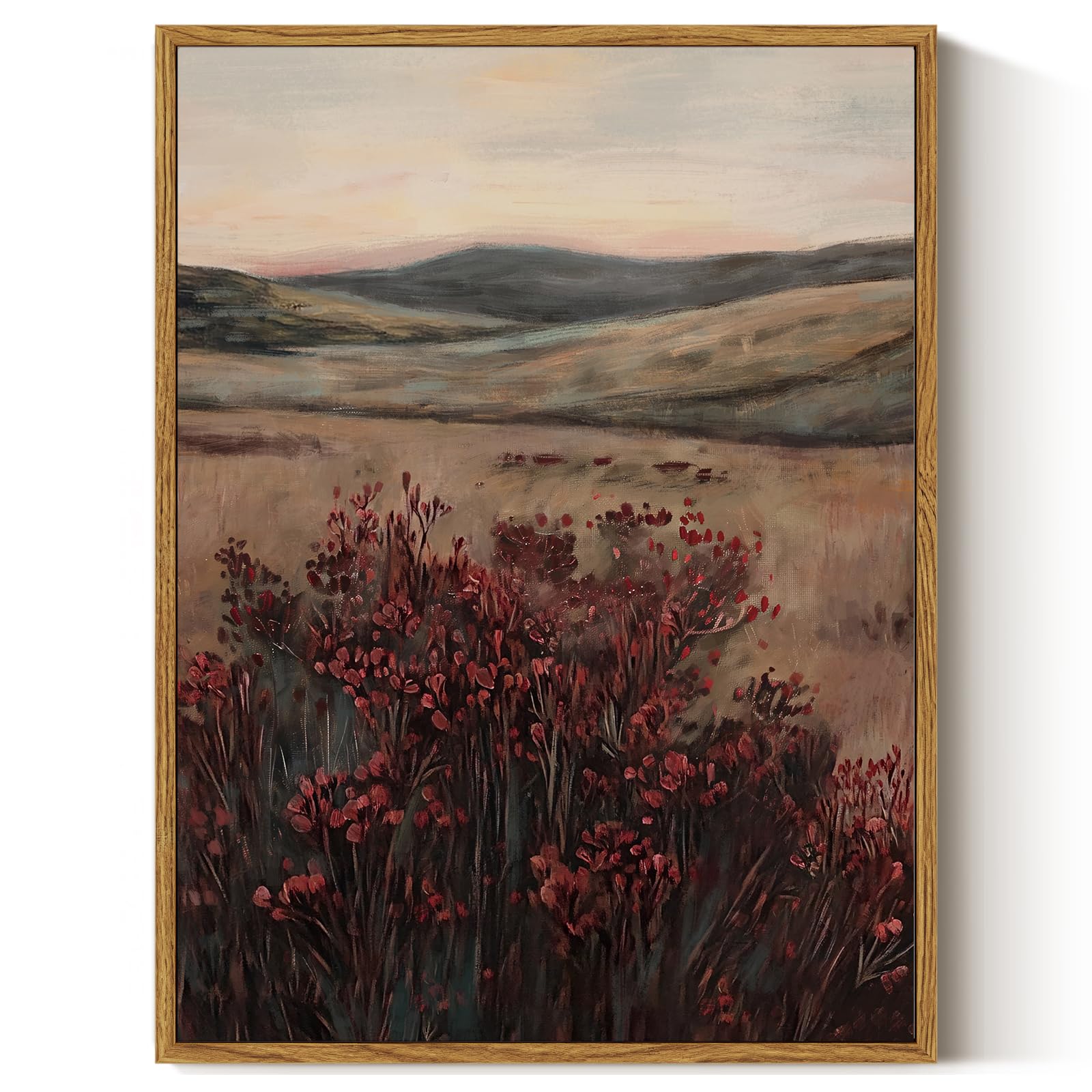 ARPEOTCY Vintage Framed Canvas Wall Art, 12x16inch, Farmhouse Landscape Wall Decor, Moody Art Prints Home Decorations, Maroon Wildflower Scenery Paintings for Living Room Bedroom Office Decor