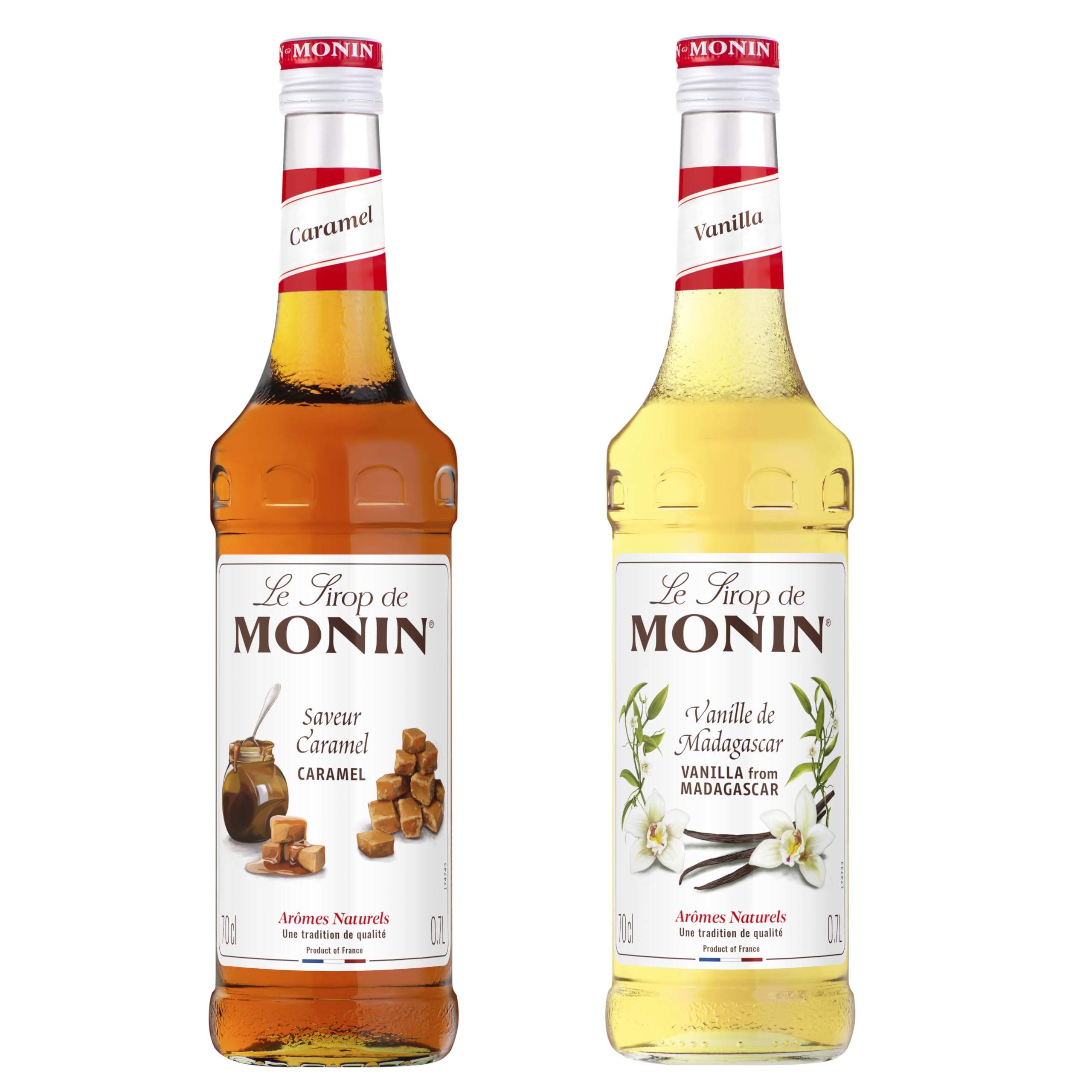 MONIN - Assortiment Sirop Saveur Caramel & Sirop de Vanille de Madagascar - Pour Café, Chocolat Chaud, Capuccino ou Latte - Arômes Naturels - Bouteille en Verre - 2 x 70 cl