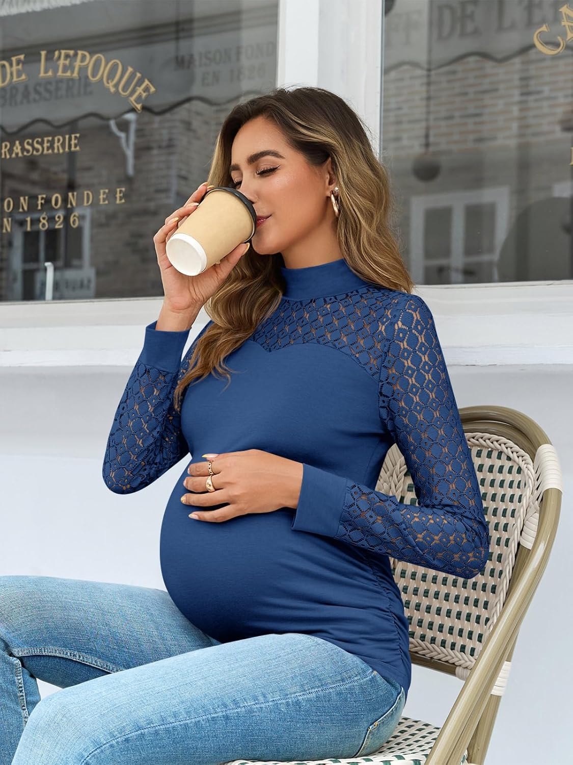 Yousify Women's Lace Long Sleeve Maternity Shirts Mock Neck Slim Fit Tunic Tops Ruched Eyelet Pregnancy Clothes - Image 4