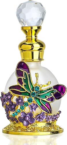 YU FENG Botella de perfume vintage de flor de libélula púrpura decorativa de 0.5 fl oz de vidrio de lujo vacía recargable titular de perfume envase