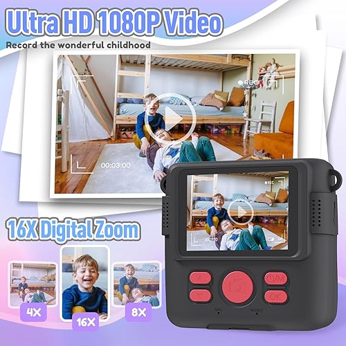 Miniatura 4 de Cámara de impresión instantánea para niños, regalos de cumpleaños de Navidad para niños de 3 a 12 años, cámara digital selfie con videos de 1080P,