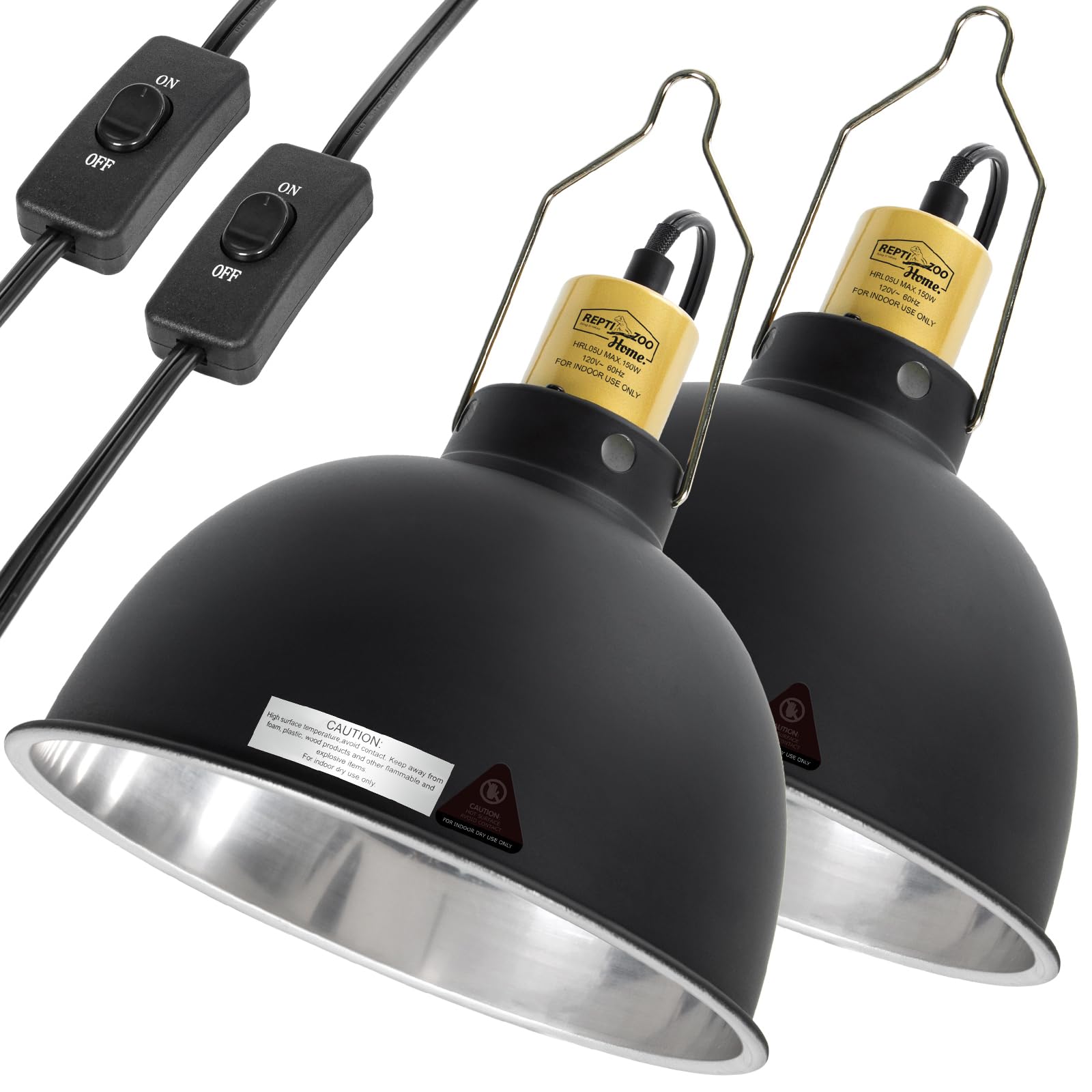 2 Pack Reptile Light Fixture, 8.5in Deep Dome Reptile Heat Lamp Fixture with Switch, Dual Terrarium UVB Basking Light Fixture for Chameleons Chicks, Suitable for E26 Bulbs Up to 150W