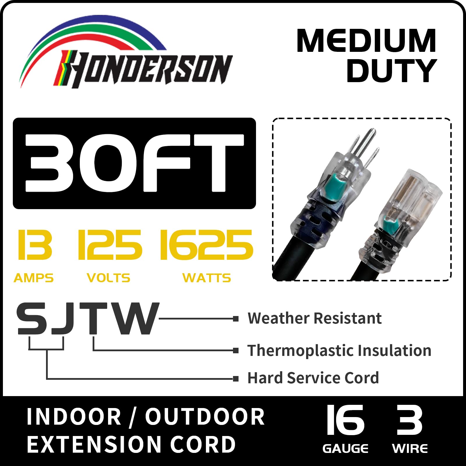 30FT 16/3 Christmas Lighted Outdoor Extension Cord - 16 Gauge 3 Prong SJTW Black Extension Cable with 3 Prong Grounded Plug for Safety,Great for Outdoor Christmas Decorations