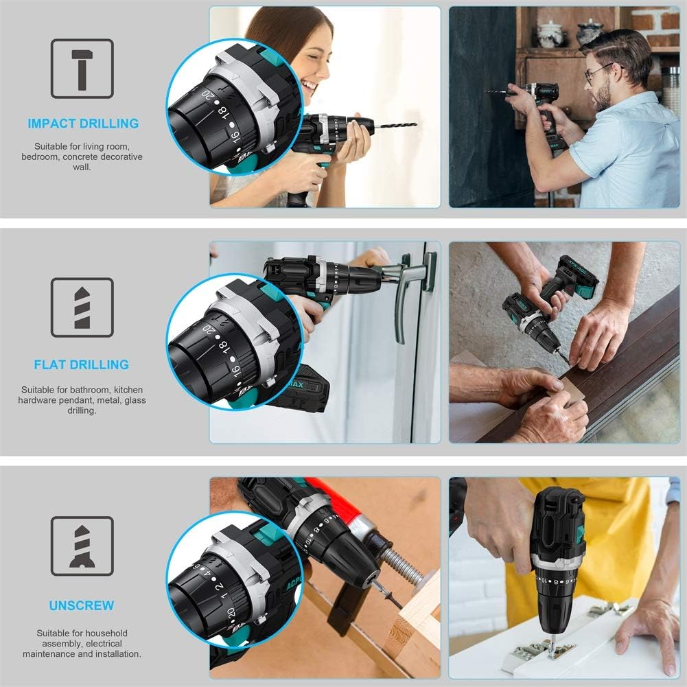 Rеvіеw Prоduсt ACPOTEL Premium Brushless Drill, 20 Volt Lithium-Ion Max Cordless Drill, Impact Cordless Drill Kit with 1.5Ah Battery and Charger, 20+3 Torque Setting, 3/8 in Keyless Chuck, 24 Drill Bit