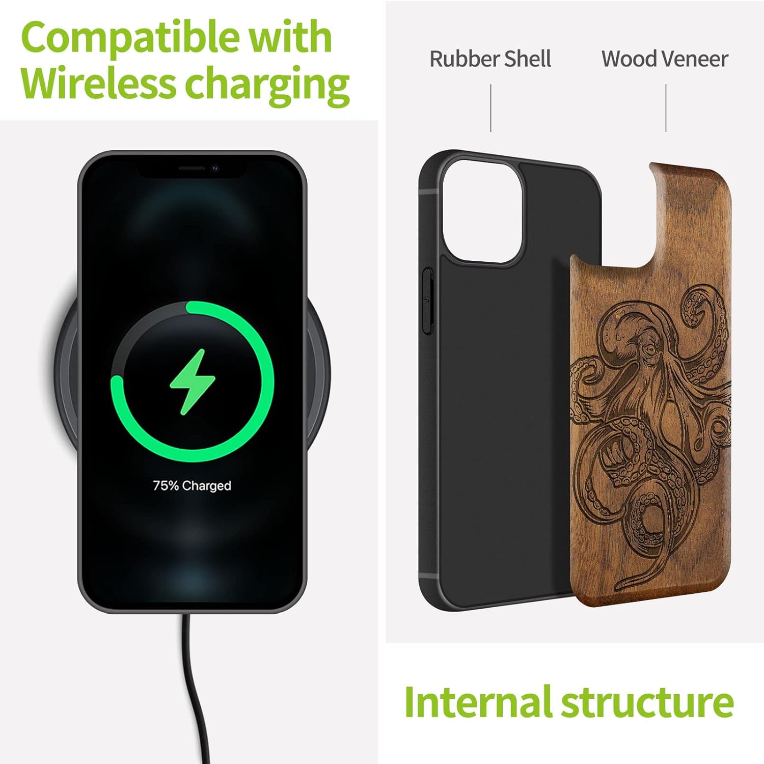 Carveit Magnetic Wood Case for iPhone 13 Case [Natural Wood & Black Soft TPU] Unique & Classy Wooden Shockproof Protective Cover Compatible with MagSafe (Octopus Drawing -Walnut)