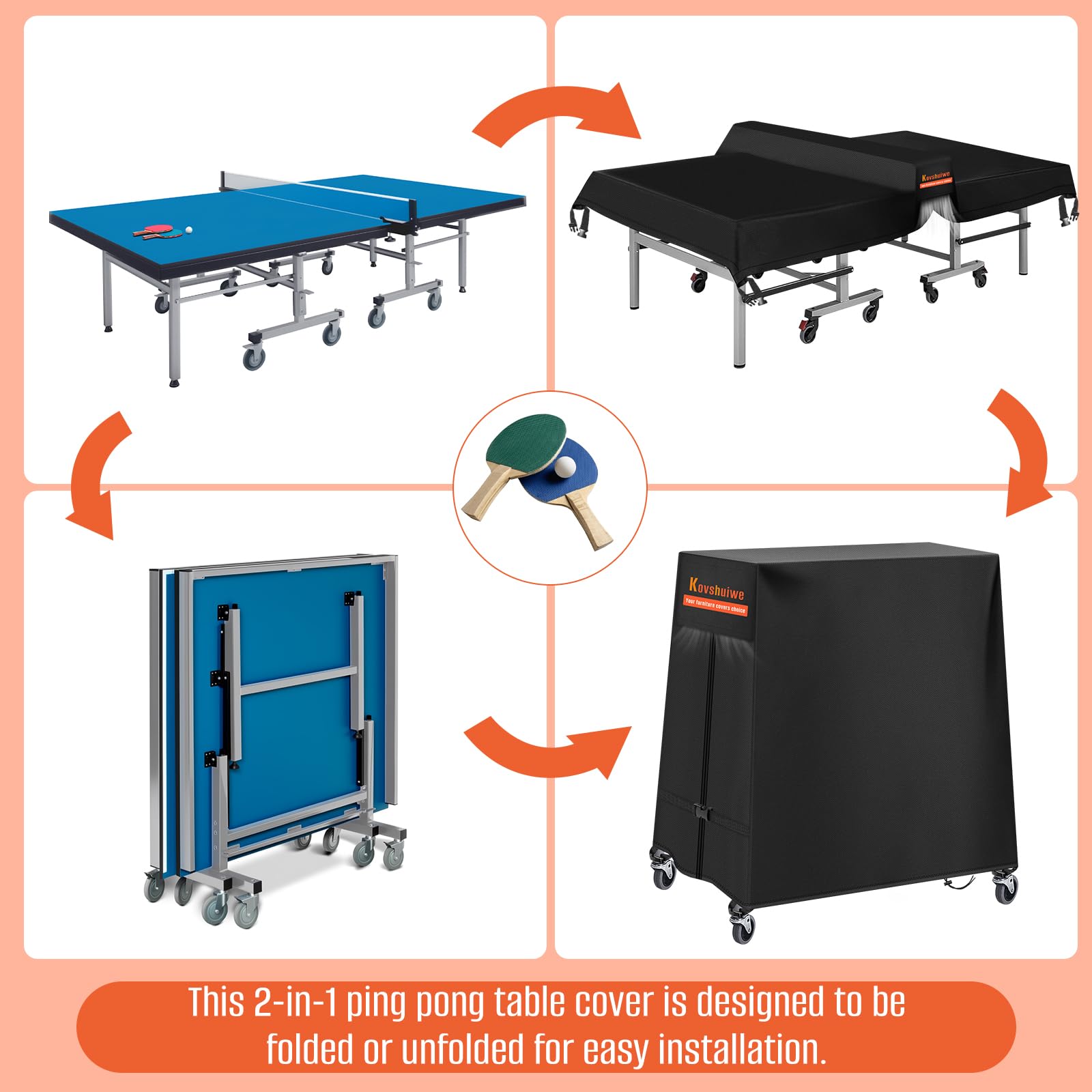 Kovshuiwe Funda para Mesa De Ping-Pong, Plegable, con Cremallera Impermeable, De Tela Oxford 420D, A Los Rayos UV Y Al Polvo, para Uso En Interiores Y Exteriores - 173 X 77 Pulgadas / 18 X 158 Cm