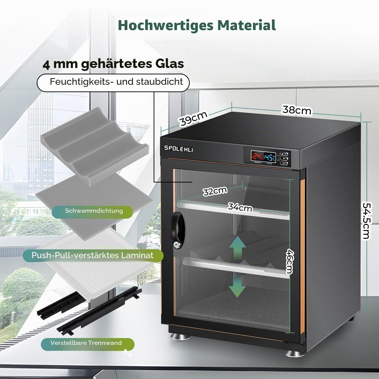 Kamera Trockenschrank Digitaler Luftentfeuchter 70L Elektronische Trockenbox und energiesparenden LED-Lichtern für die Aufbewahrung von Kameraobjektiven und elektronischen Geräten(EU Version)