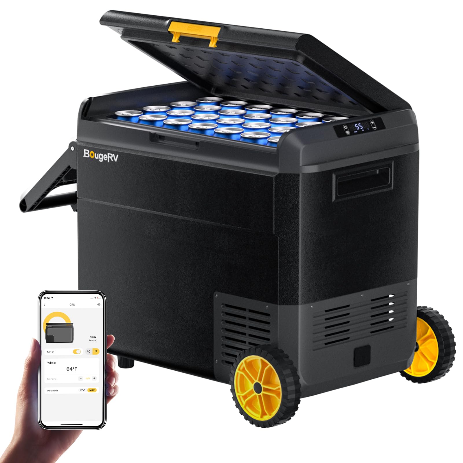 BougeRV CRS 60L Glacière à Compresseur avec Roues Poignée Étanchéité IPX4 Congélateur Réfrigérateur à Compression 12/24V 220V pour Voiture Camping Voyage Bateau Contrôle APP -20℃~20°C