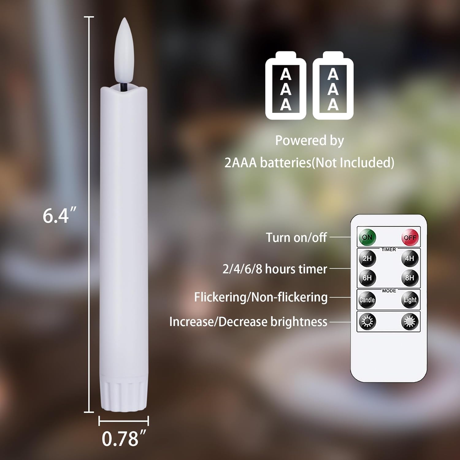 6.4 Inches Plastic LED Taper Candles with Remote and Timer,White Flameless Battery Operated Flickering Candlesticks,Pack of 6 Flameless 0.78” Diameter 3D-Wick Tall Window Candles,Long-Lasting