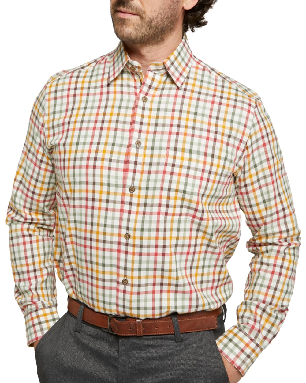 Double Two Men's Gold Tattersall Check Classic Shirts Outdoor Country Style Long Sleeve Shirt - Colour Neck 16" Inches