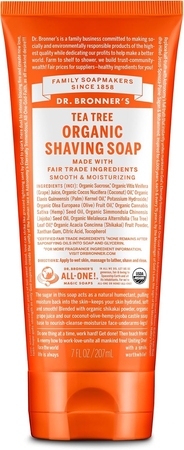 Dr. Bronner's - Organic Shaving Soap (Tea Tree, 207 mL) - Certified Organic, Sugar and Shikakai Powder, Soothes and Moisturizes for Close Comfortable Shave, Use on Face, Underarms and Legs