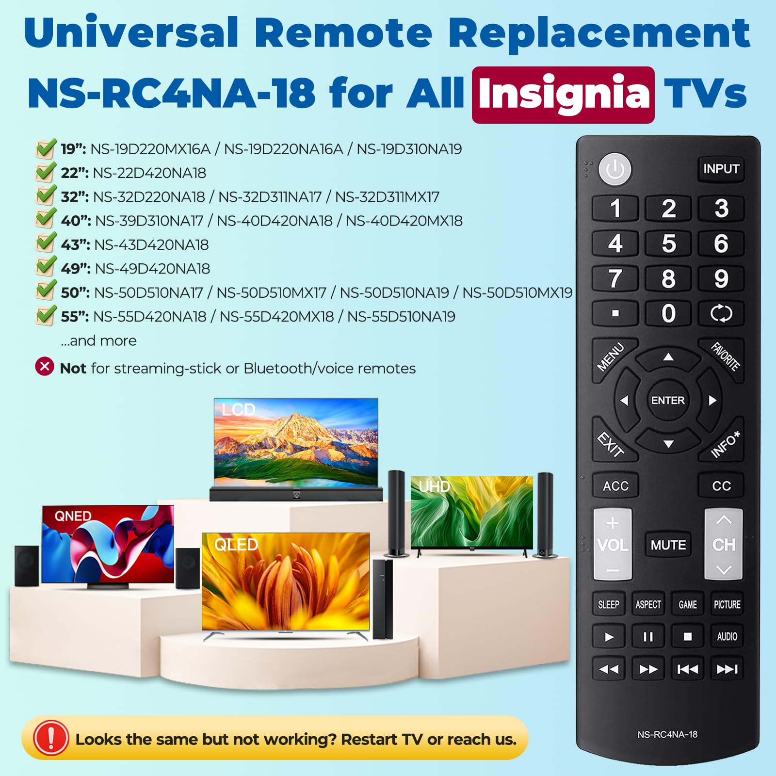 Zamienny pilot do telewizora Insignia NS-RC4NA-18, uniwersalny pilot do wszystkich insignia LED LCD HDTV Smart TV, bez konieczności konfiguracji, trwałe przyciski, lekka konstrukcja