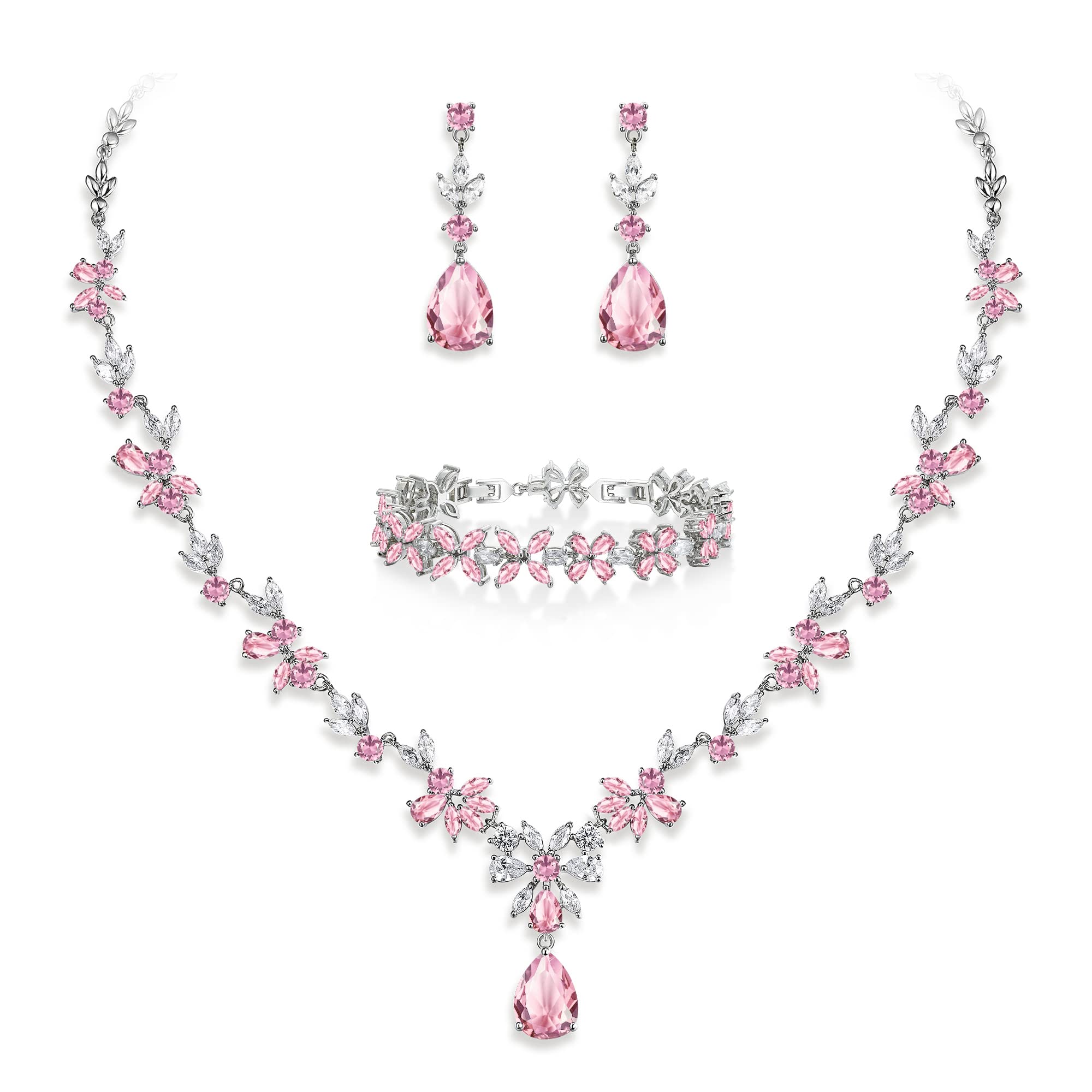 EVER FAITH Parure Femme Mariage Set Hojas lindas Collar de diamantes de imitación de circón Conjunto de pendientes colgantes con babero