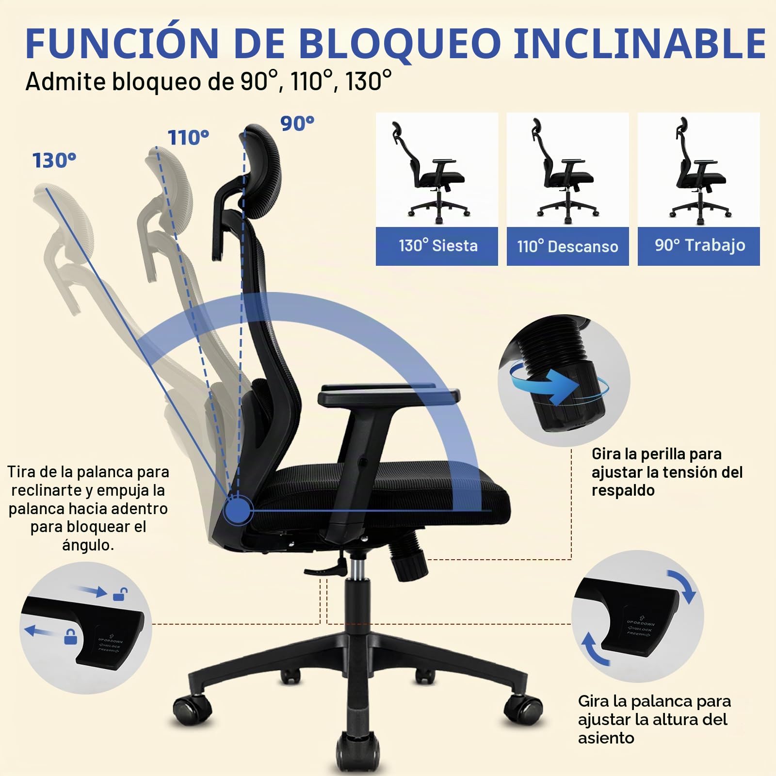 Milacyee Silla Oficina, Silla Ergonomica Escritorio, Silla Ergonómica con Reposacabezas, Reposabrazos,90°-130° Bloqueable Respaldo,Ajuste de Altura,Silla de Escritorio Capacidad de Peso 150KG