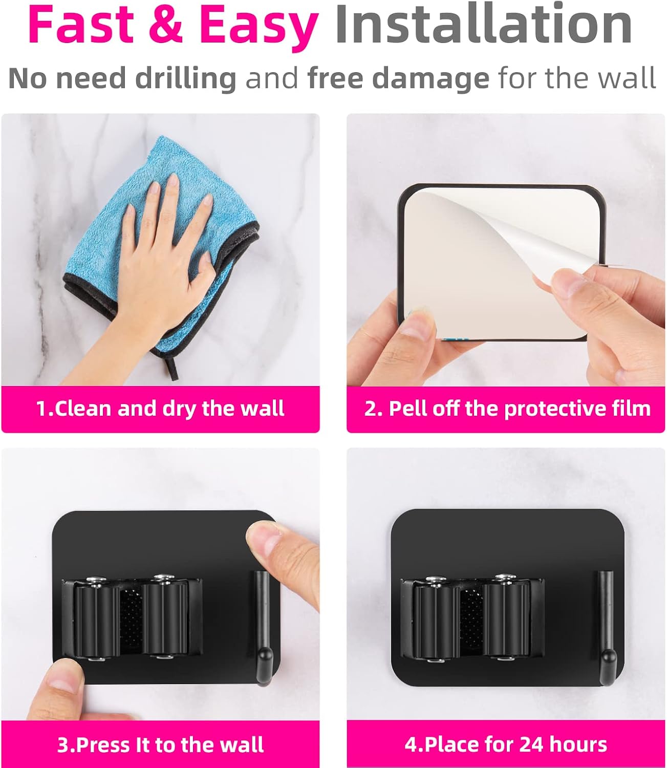 DOMAXCAI 4 Pack Broom Holder Wall Mount, Upgraded Broom Holder, Super Anti-Slip Mop and Broom Holder Wall Mount, Self Adhesive Broom Hanger Gripper for Bathroom, Garage Laundry Room Storage, Black