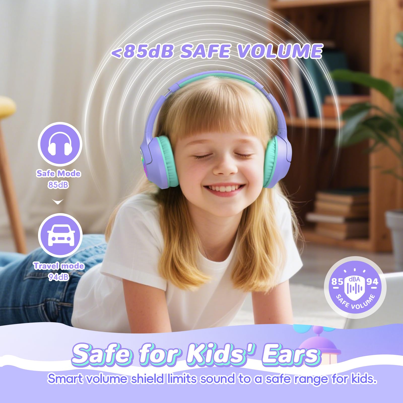 Botesty Sound Cuffie Bluetooth per bambini, leggere, senza fili, per bambini, volume limitato 85/94 dB, Bluetooth 5.4, cuffie over-ear per bambini con microfono integrato, viola