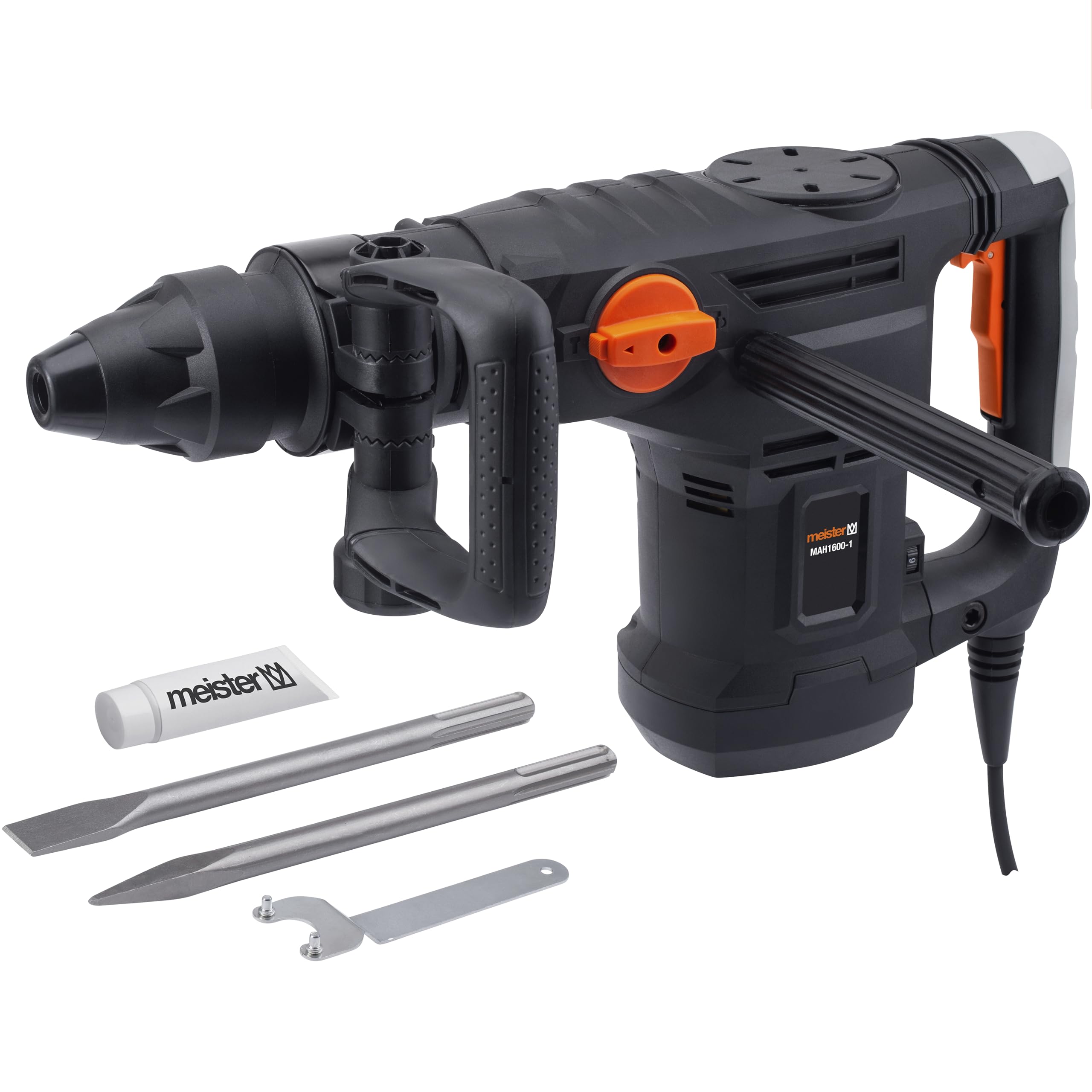 Meister - Martillo de demolición (1600 W, MAH1600-1) - Mandril SDS-Max - Potencia de ataque 25 julios - Mango antivibración - Con cincel plano y puntiagudo/martillo perforador en el maletín/martillo