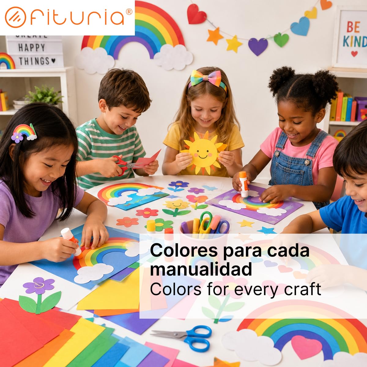 OFITURIA Fogli Colorati A4 80gr, 500 Fogli – Carta Hobby (Arcobaleno) | Carta Colorata per Hobby Creativi. Rosso, Arancione, Giallo, Verde Chiaro, Verde, Azzurro, Blu Scuro, Lilla, Viola e Rosa.