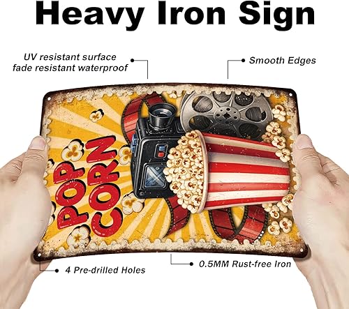 Miniatura 3 de GLOBLELAND Letrero de metal con diseño de palomitas de maíz, para cine y cine, estilo vintage, 12 x 8 pulgadas, póster retro para pared, para el