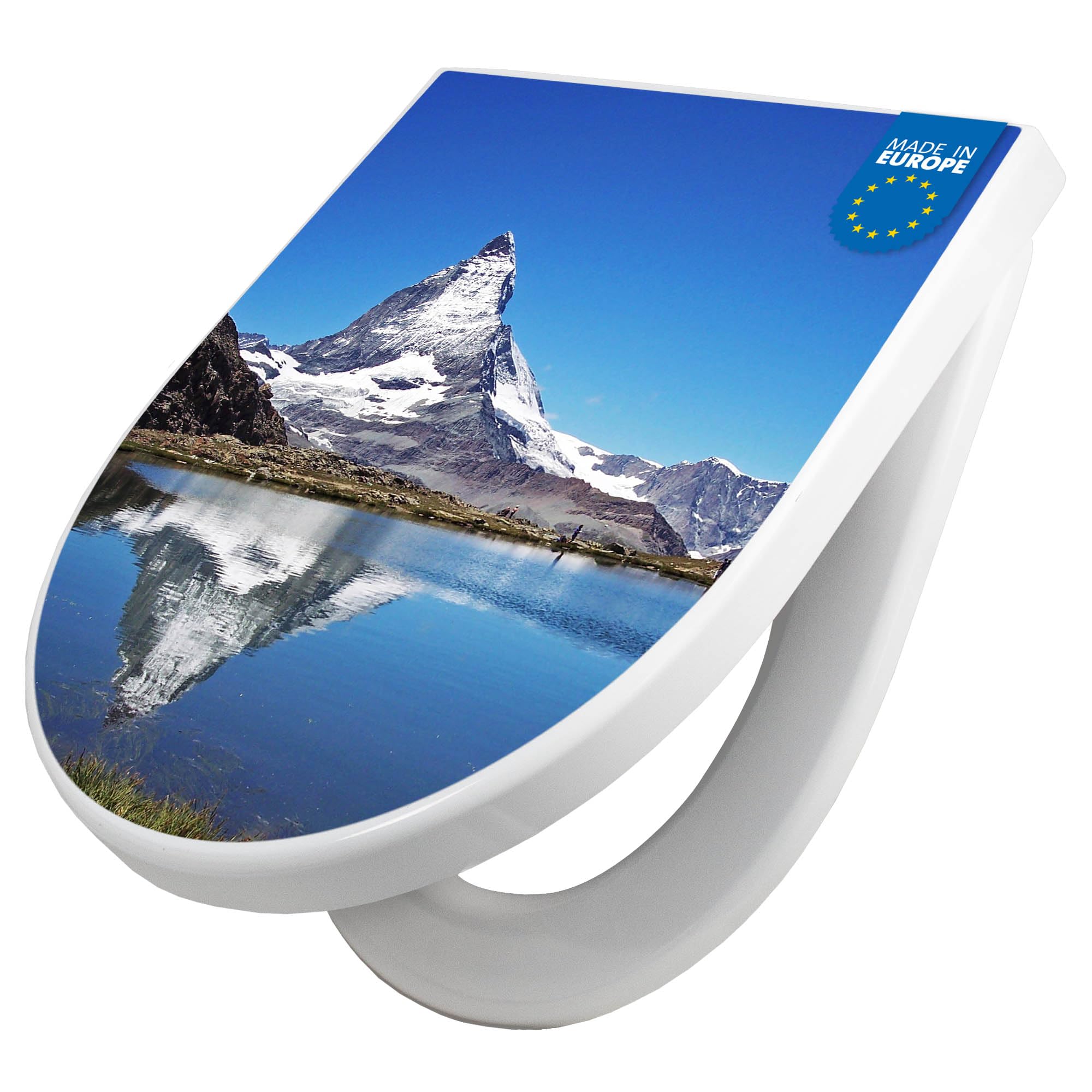 banjado WC Sitz mit Absenkautomatik D Form - Toilettendeckel mit Absenkautomatik D Form - Klodeckel Softclose - stabile Klobrille - Toilettensitz Weiß - Motiv Matterhorn