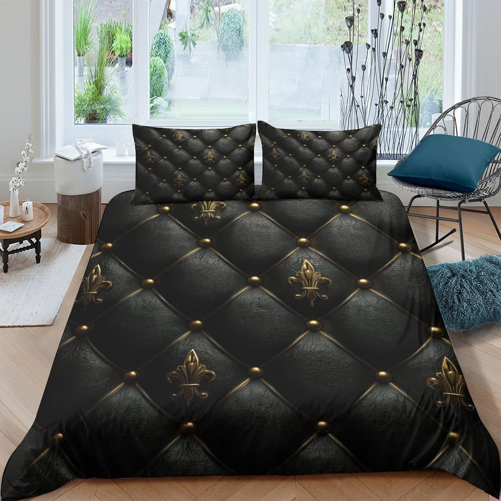 GPLZQXKJNH 3D Printed Black Luxury Button Duvet Cover Microfiber Soft Bedding Set with 2 Pillowcases for Bedroom Decor Single（135x200cm）