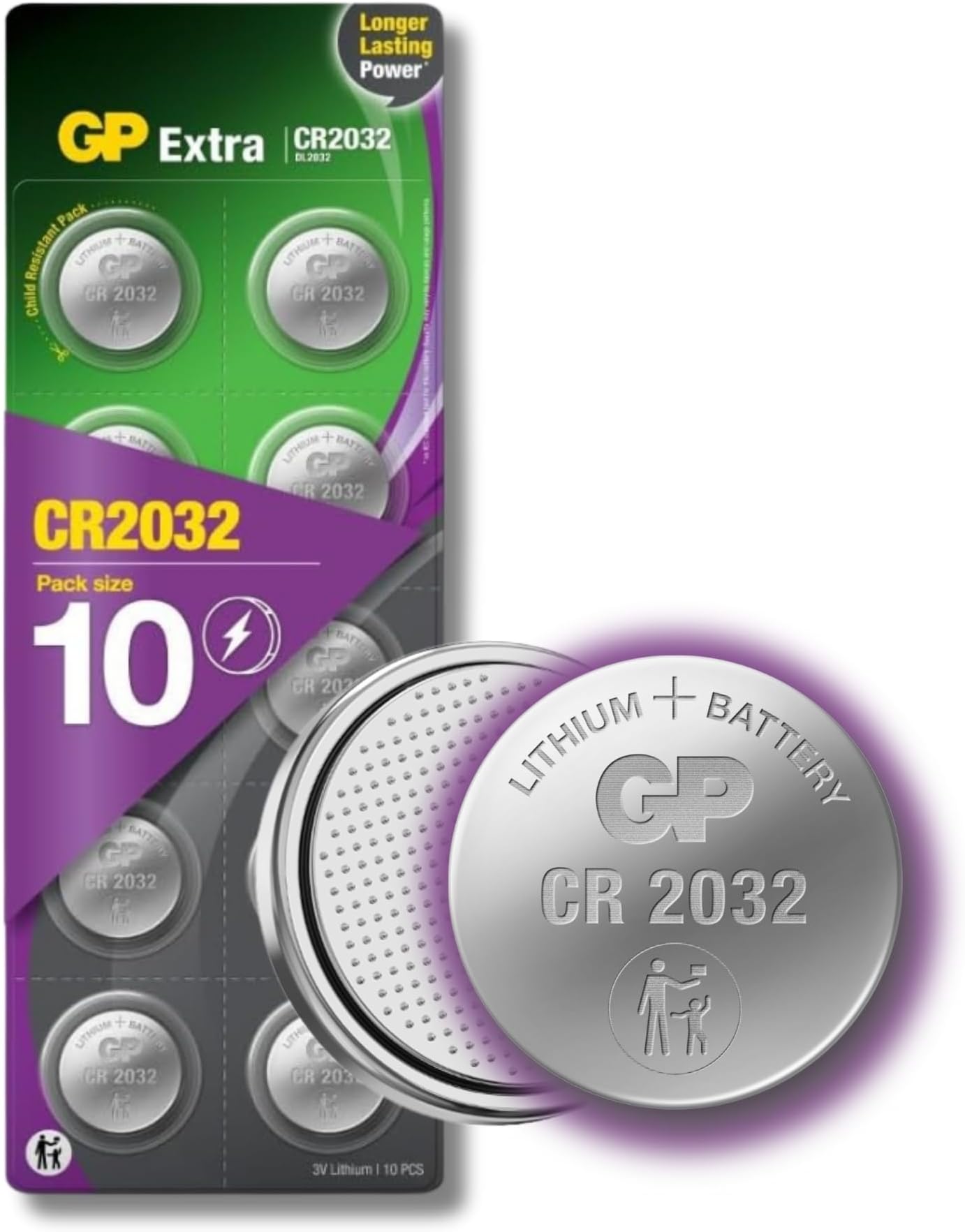 GP Extra Lithium Button Cells CR2032 3 V | Pack of 10 Batteries CR 2032 | 2032 Button Cell 3 Volt Ideal as Airtag Battery, for Car Keys and Much More