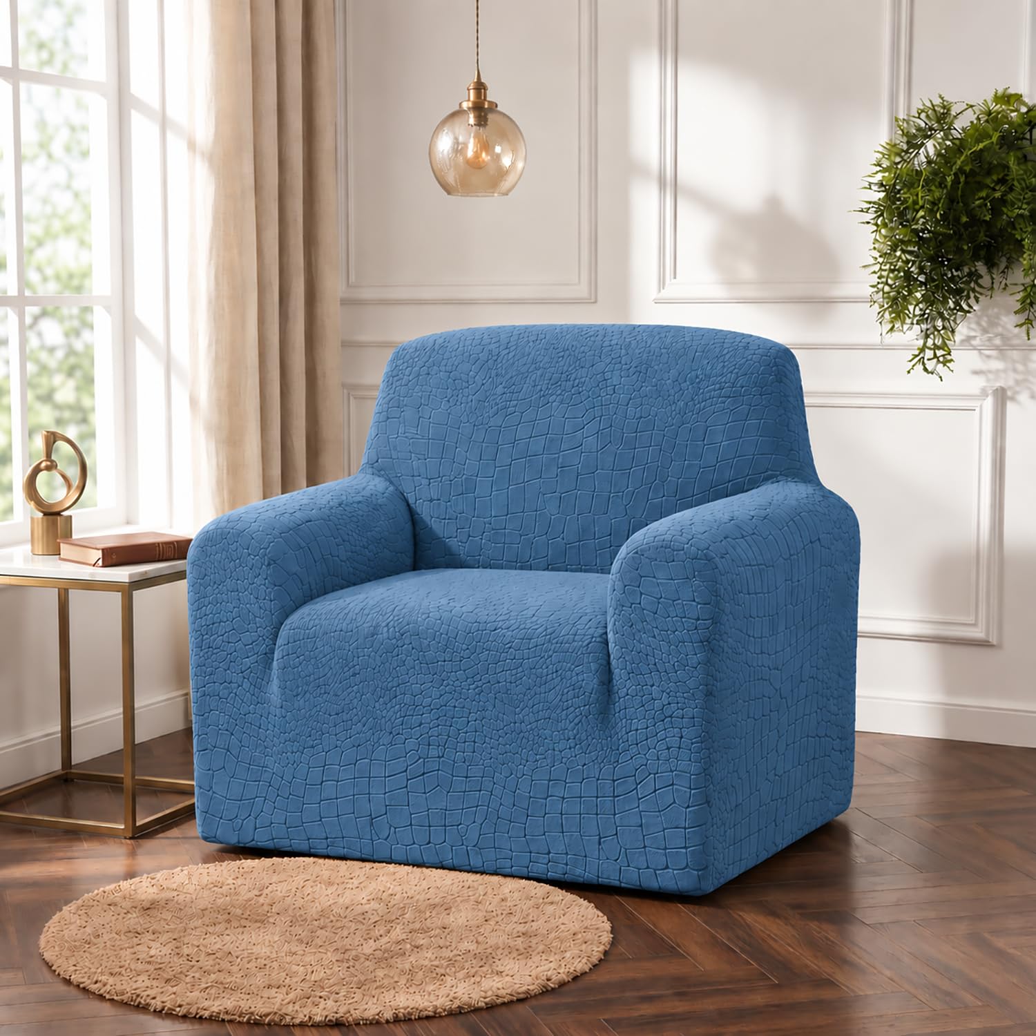 House of Quirk Universal Jacquard Crocodile Fabric Sofa Cover Soft Touching Cover for Couch Flexible Stretch Sofa Slipcover (One Seater, Blue)