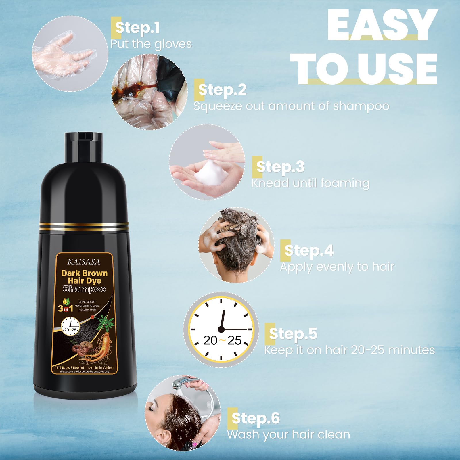 Dark Brown Hair Dye Shampoo 3 in 1, Natural Hair Dye Semi