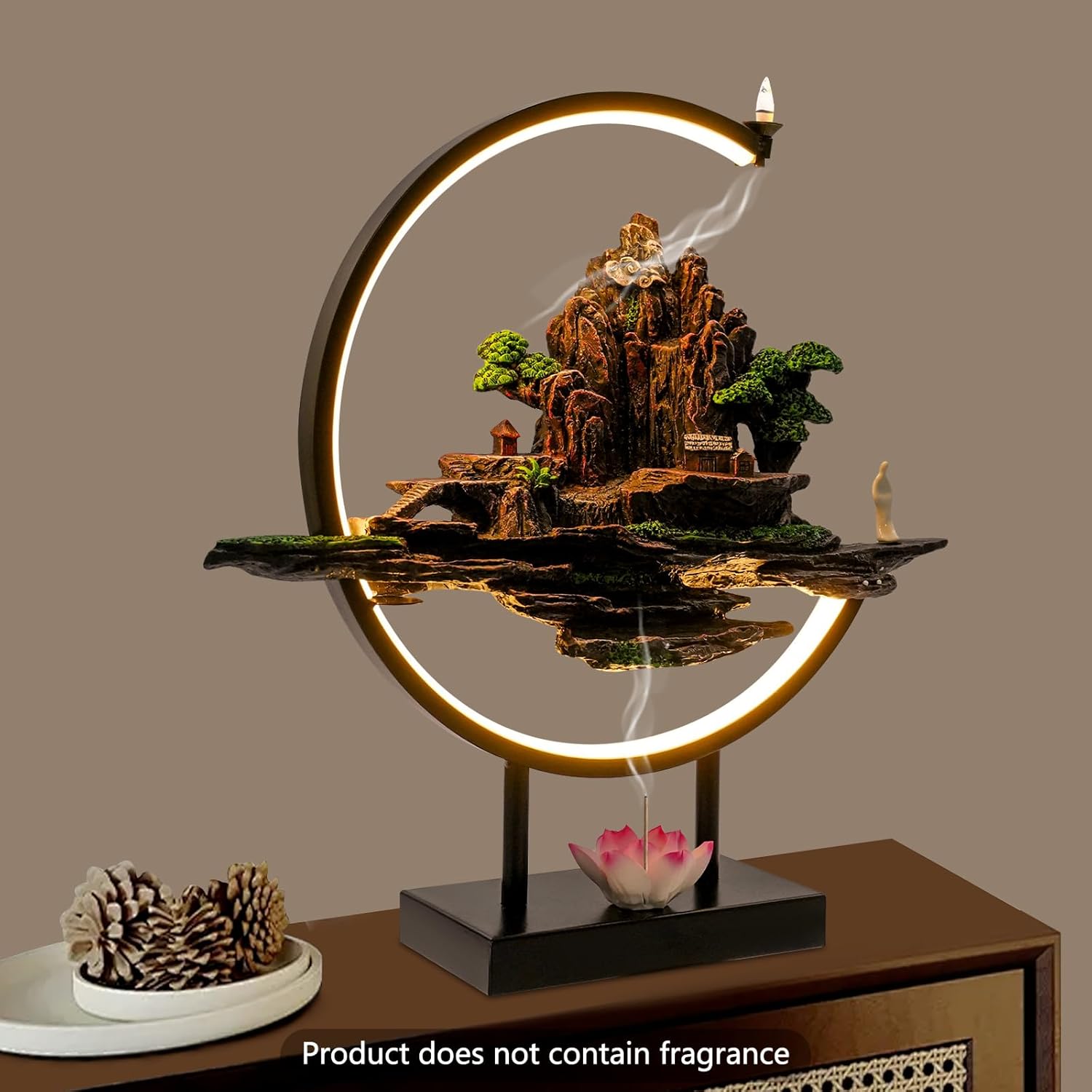 Backflow Incense Burner with Adjustable LED Light Rockery Landscape Resin Iron Base Home Desktop Decor for Meditation Office Living Room Zen Fountain Holder