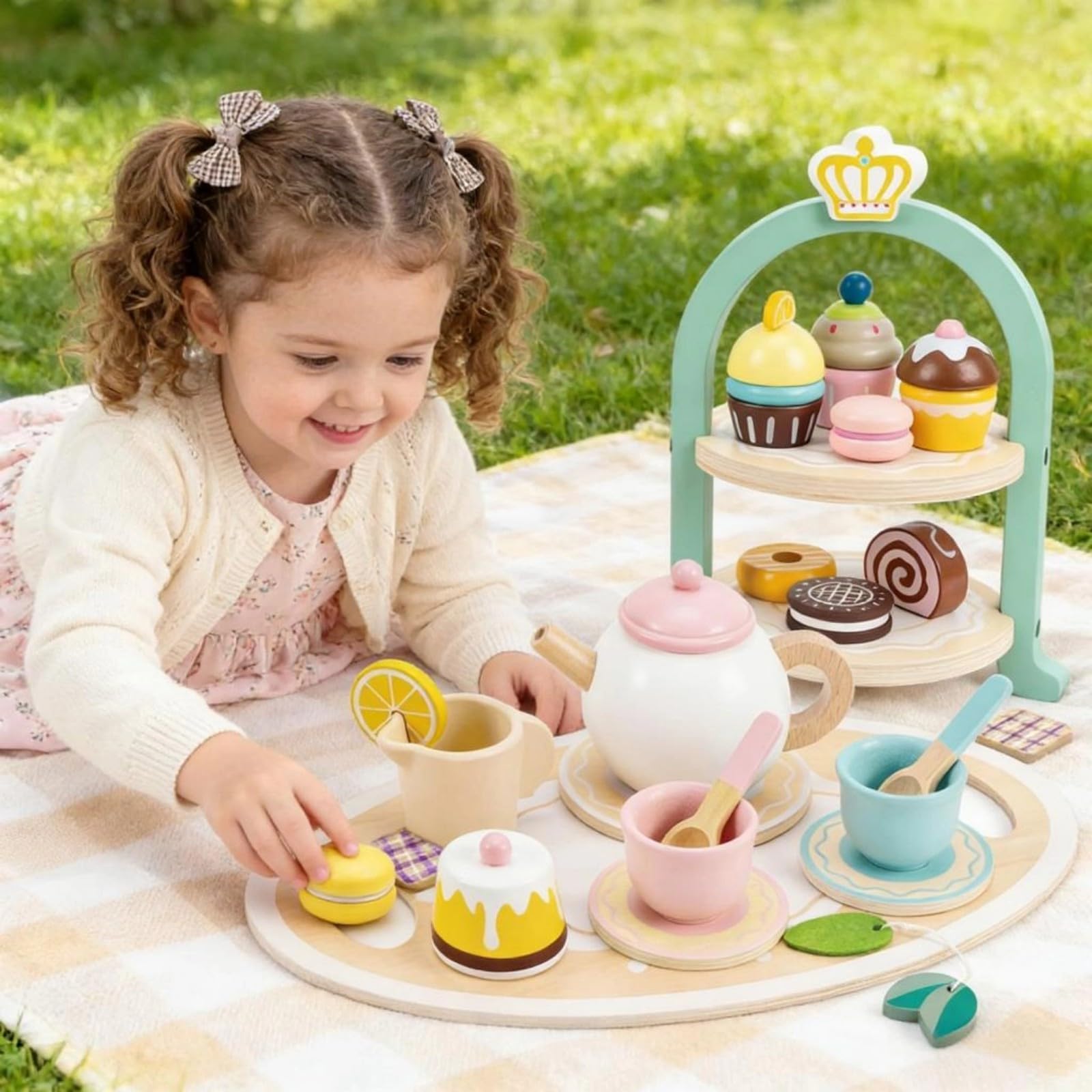 Juego de postres de madera para niños, juguete de cocina con utensilios, regalo de aprendizaje para niños y niñas, juego de cocina de cumpleaños, fiesta de té de madera, juego de cocina para niños de