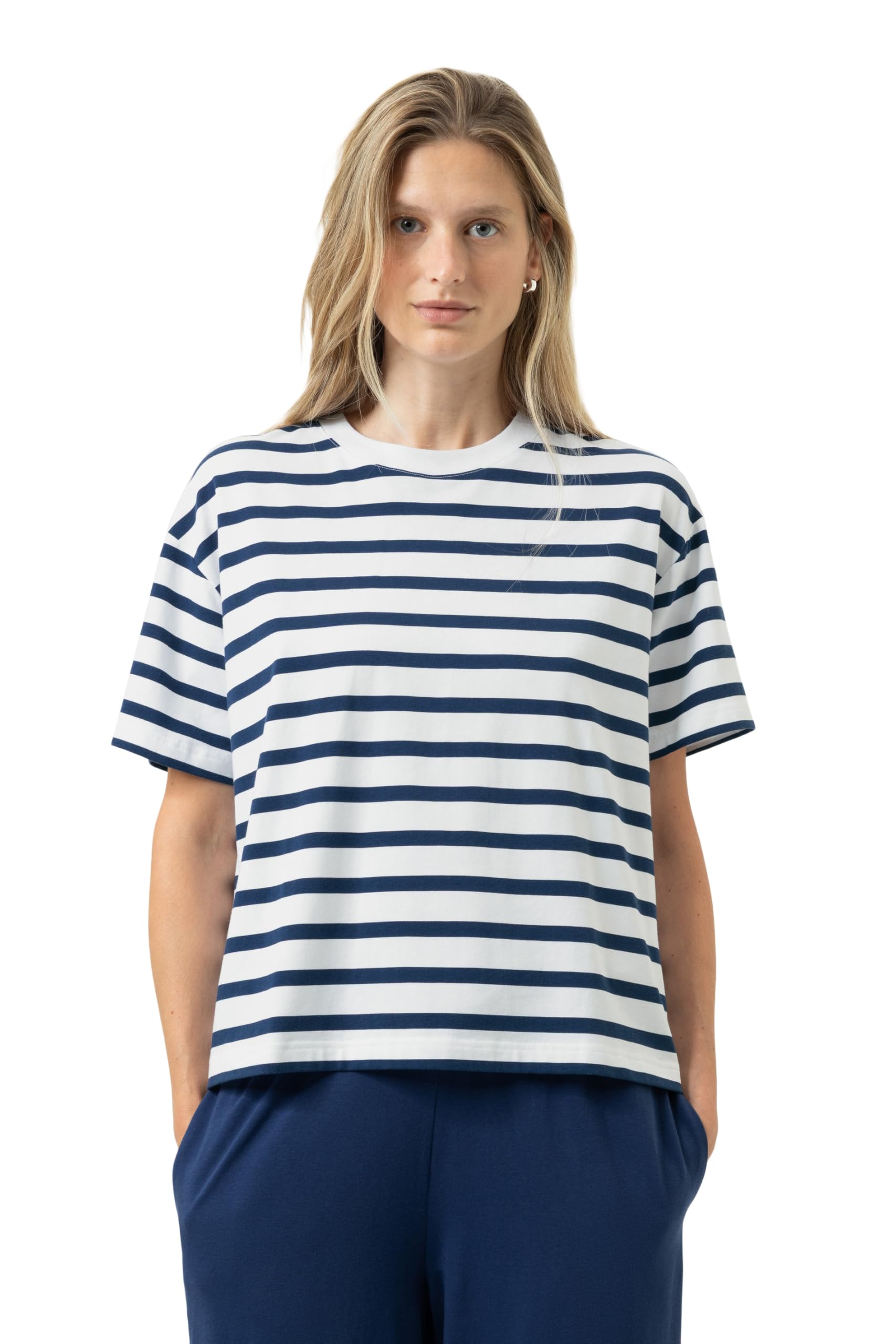 Mey Damen T-Shirt: Modernes Shirt, Gestreiftes Design, Gerader Schnitt, Kurzarm, Überschnittene Schulter, Serie Breezy Stripes