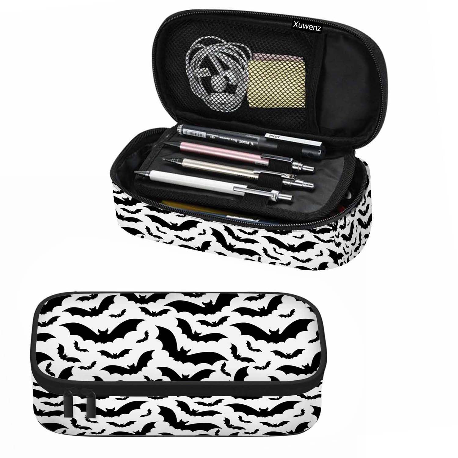Xuwenz Black White Bats Pencil Case Halloween Bat Large Large Capacity Pen Pouch for School Student Office Adult Girl Boy