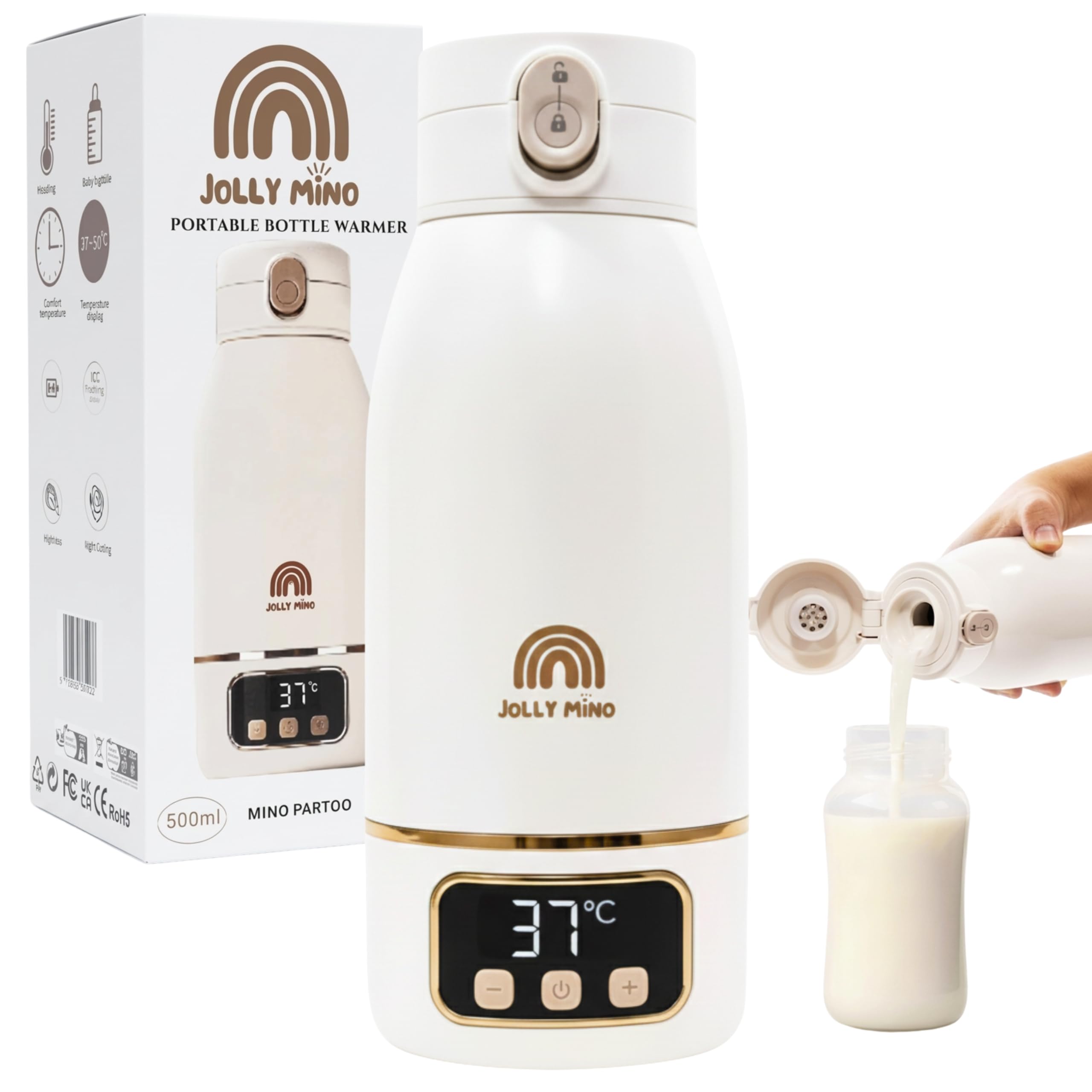 Jolly Mino Tragbarer Flaschenwärmer 500 ml – Drahtloser Mobiler Flaschenwärmer – Für Muttermilch & Wasser – Wasserdicht, Edelstahl – Ideal für Nacht, Ausflüge, Auto & Flugzeug