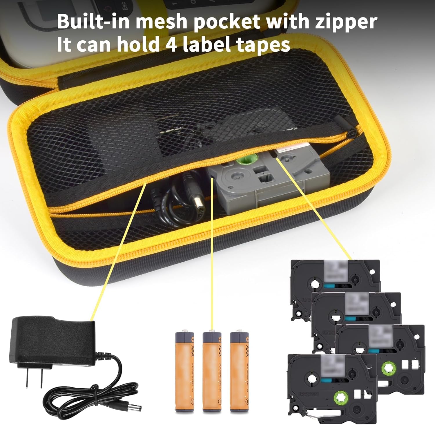 Case Compatible with Brother for P-Touch PTH110BP/ PTH110/ Pro PT-H111/ PTE110 Portable Label Maker, Storage Holder Carrying Organizer for Label Tapes, AC Adapter, Charging Cables -Yellow Zipper - Image 4