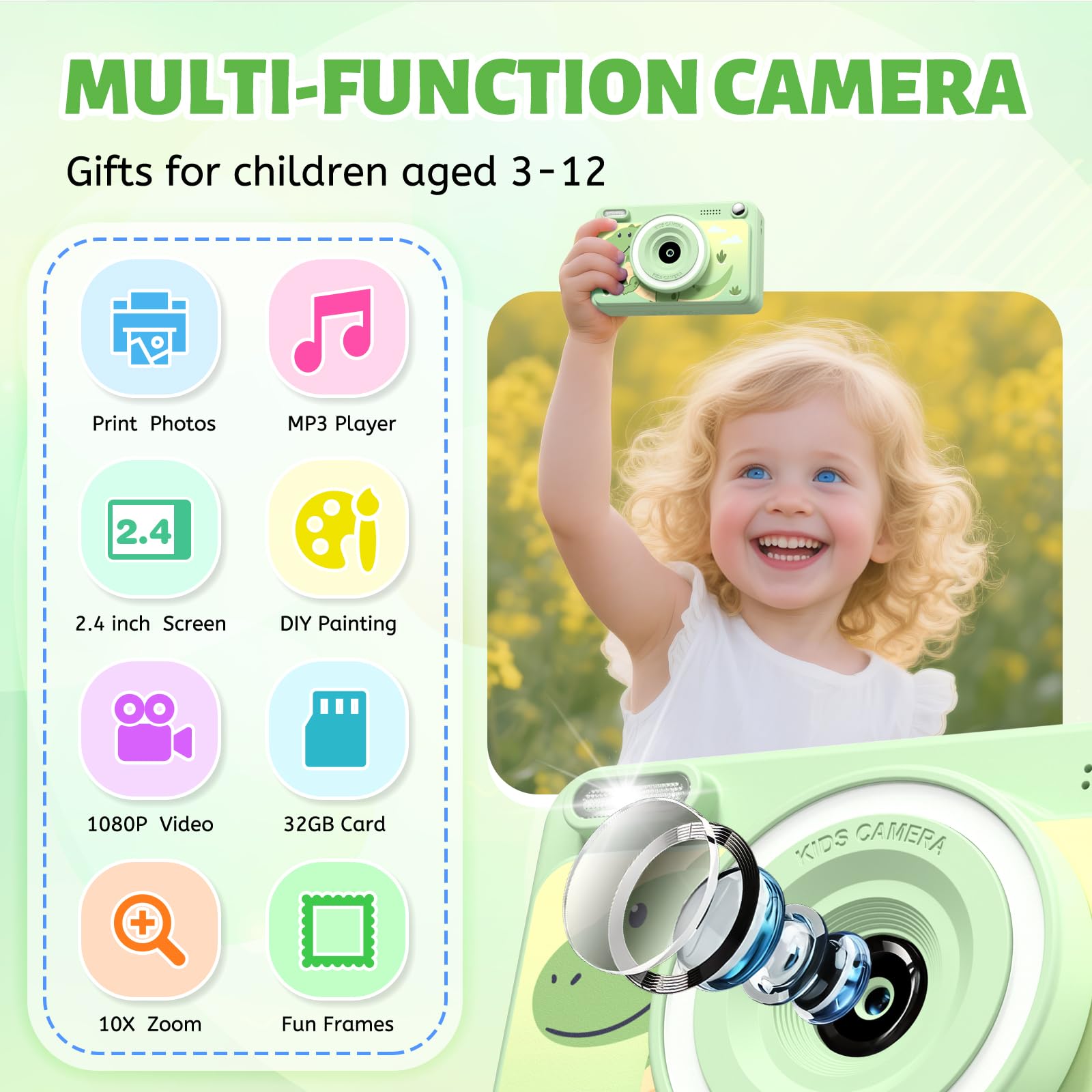 GREENKINDER Appareil Photo Instantané, 2.4" Écran Appareil Photo Enfant avec 32GB & 5 Rouleaux de Papier d'impression, Cadeau Jouet pour Enfant Garçons Filles 3-14 Ans - 2