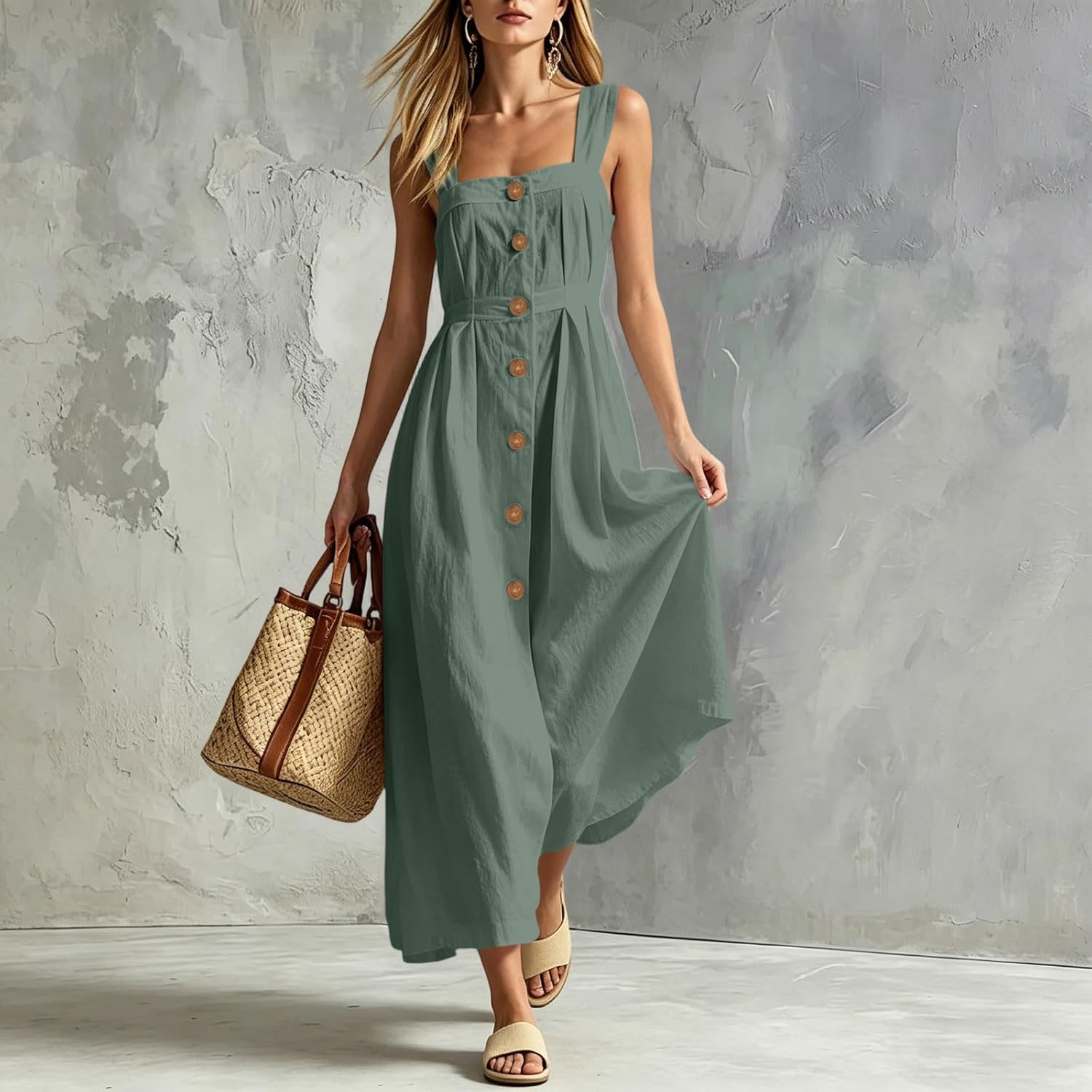 Womens Linen Dresses Summer Spaghetti Strap Sleeveless Boho Dress Button Beach Maxi Long Dresses with Pocket