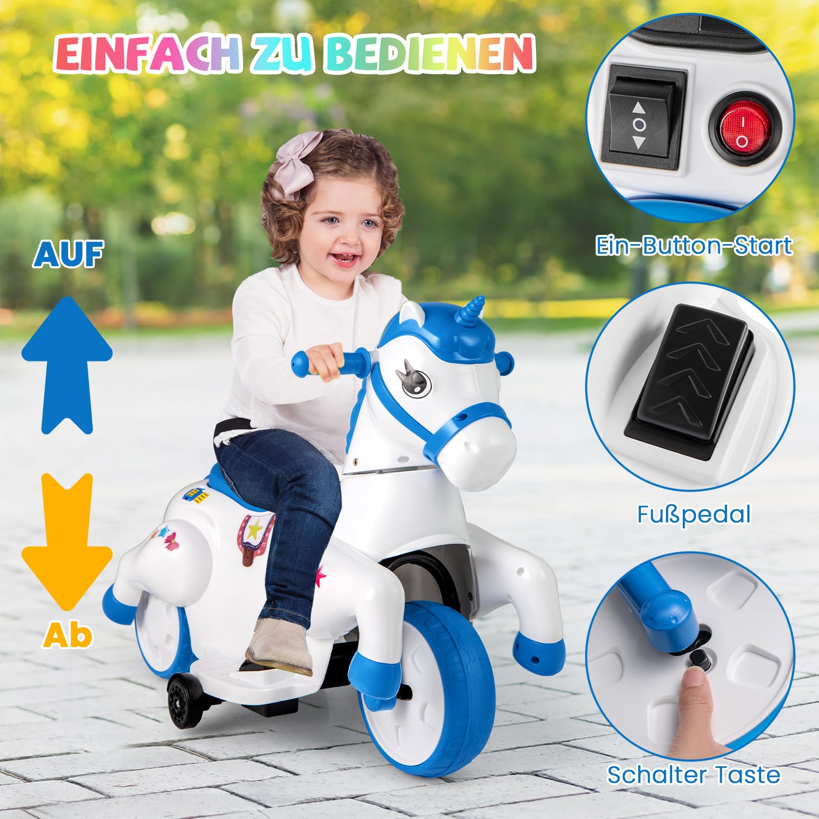 DREAMADE Kinder Elektroauto mit 2 Stützrädern, 3 km/h, Elektrisches Kinder Aufsitzauto mit Musik, Plüsch-Aufsitzspielzeug Kinderfahrzeug, Elektro Kinderauto für Kinder ab 3 Jahren (Blau)