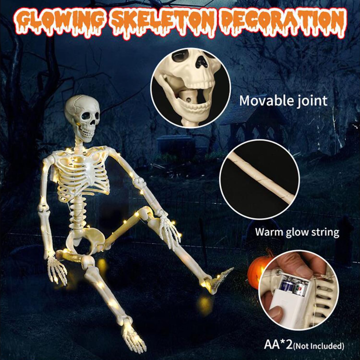 Esqueleto De 90cm con Luz Led Decoración De Halloween, Puede Estar De Pie O Sentarse Estatua De Esqueleto Al Aire Libre Patio Fantasma Casa Decoración De Terror